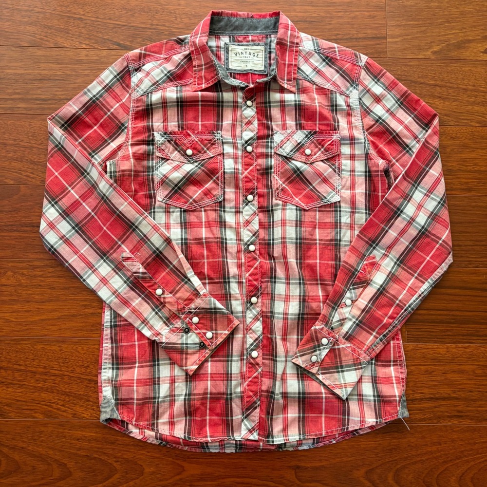 BKE Vintage Red Plaid Pearl Snap Western Workwear Shirt Mens Small Standard Fit